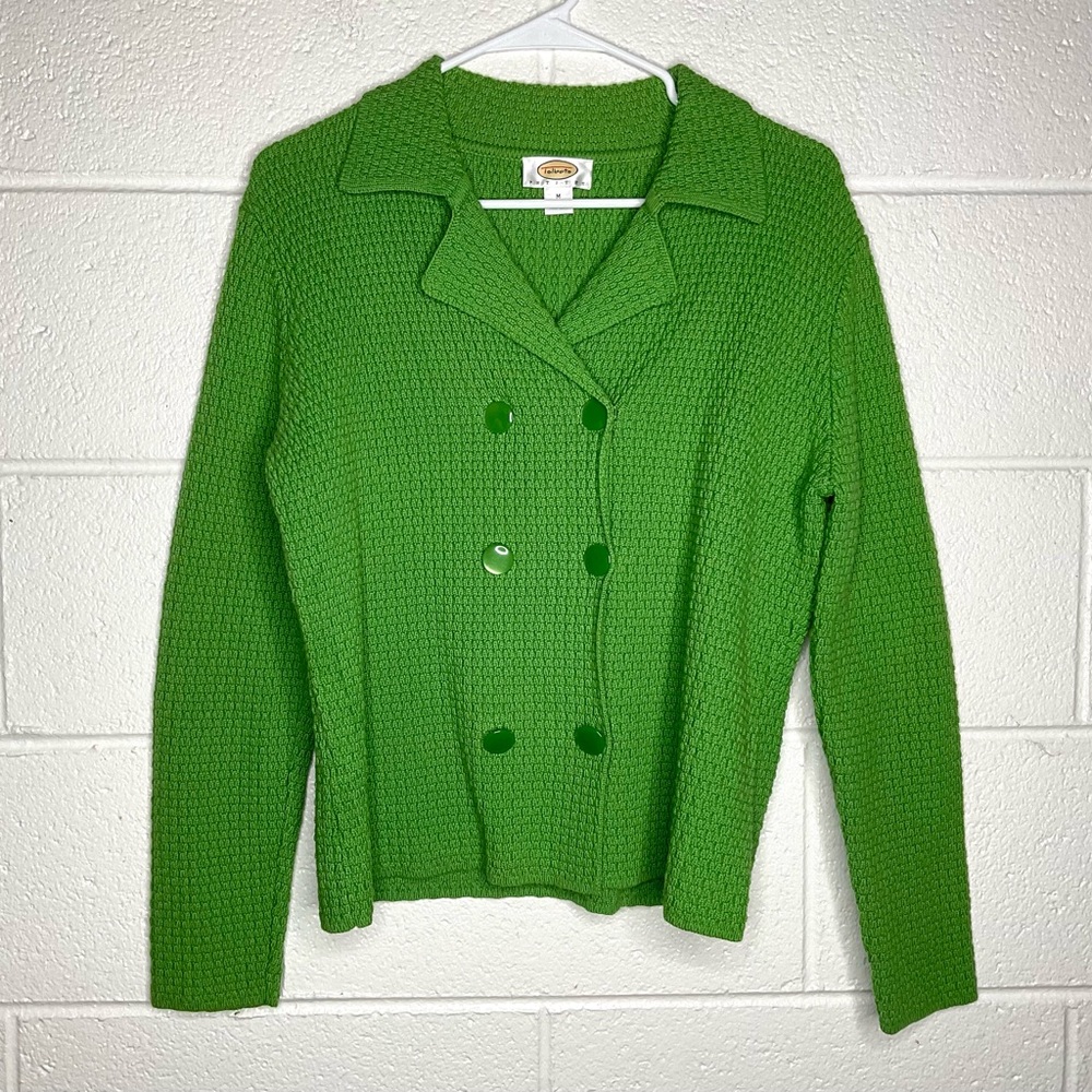 Green Double-Breasted Knit Sweater Jacket - Women
